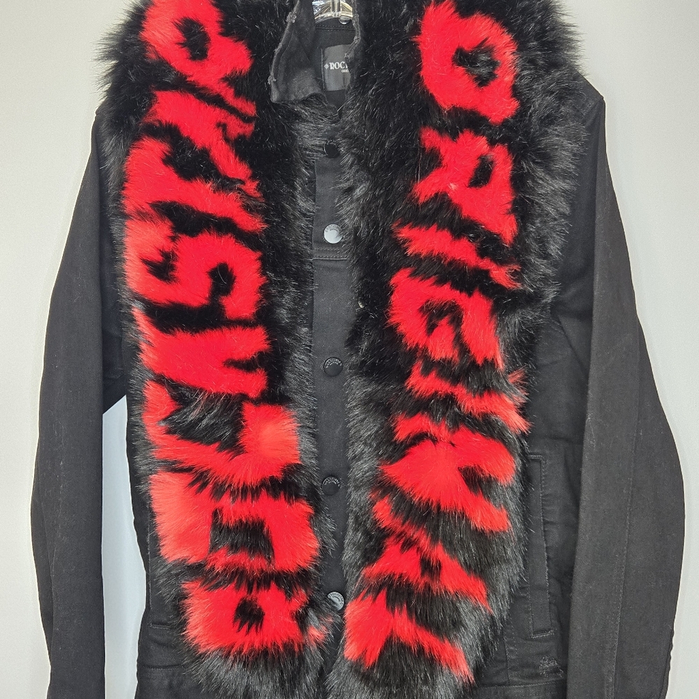 Rockstar‎ Original Denim Jacket Faux Fur Black Red Sz Small HARD TO FIND! RARE - Picture 2 of 11